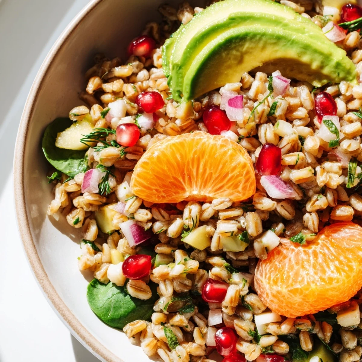 Creamy avocado slices top this vibrant citrus herb farro and avocado bowl with fresh greens