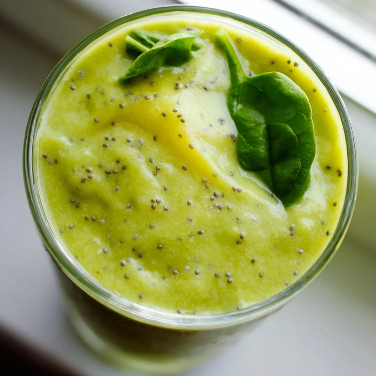 Creamy mango spinach coconut smoothie in a glass with a striped straw