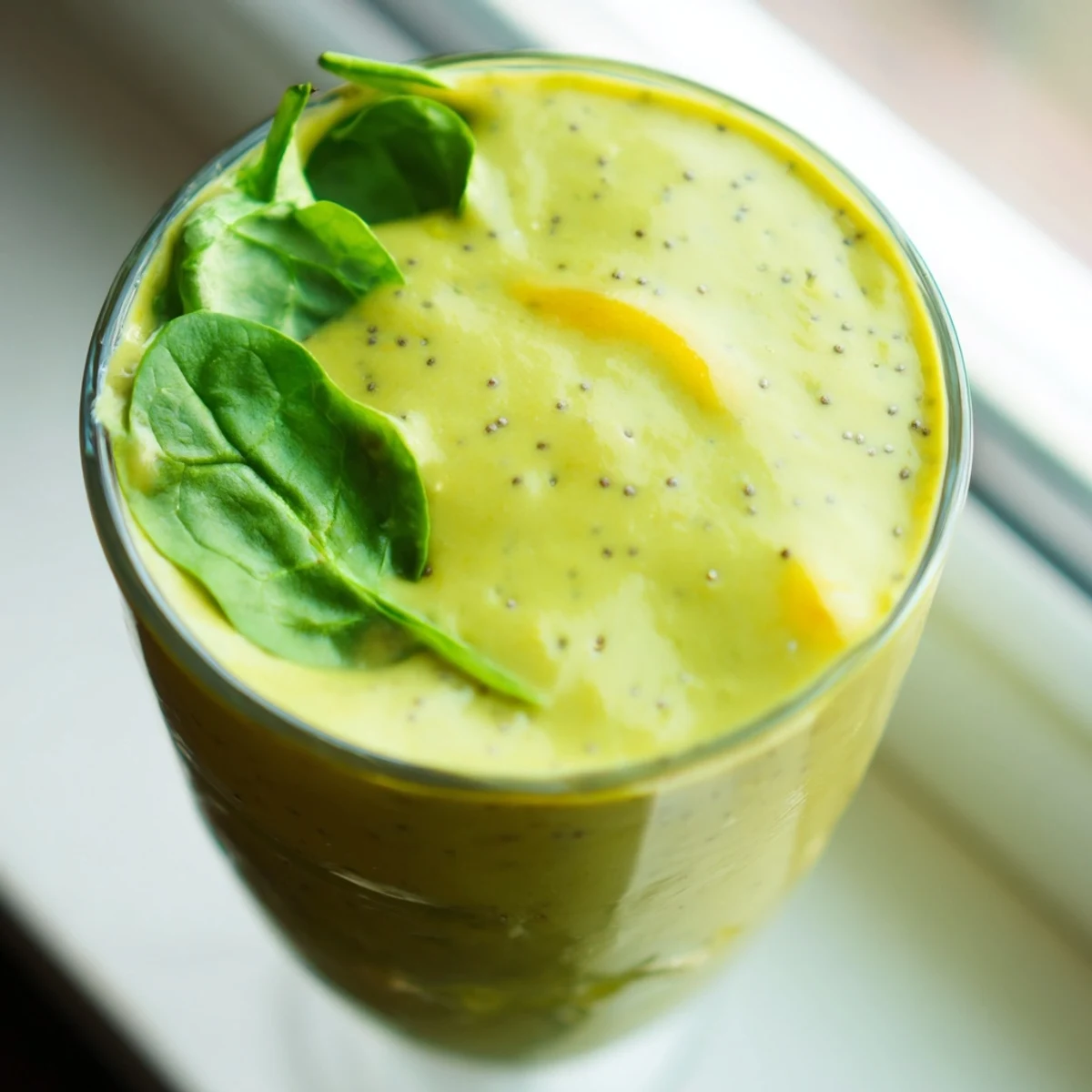 Bright green mango spinach coconut smoothie topped with fresh mango chunks