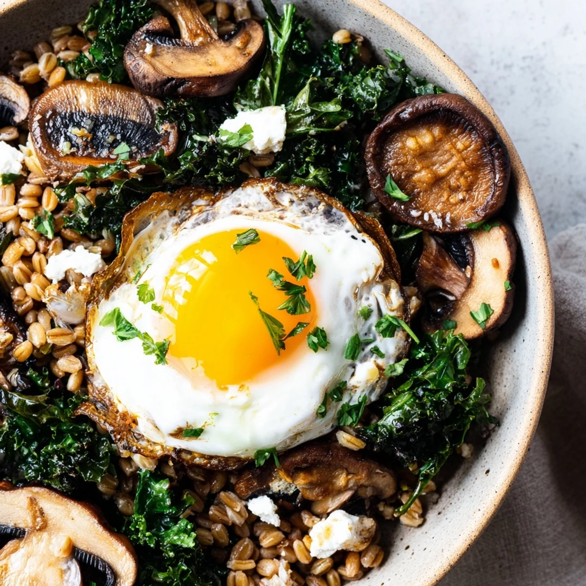 Hearty kale and mushroom farro breakfast bowl topped with a runny sunny egg