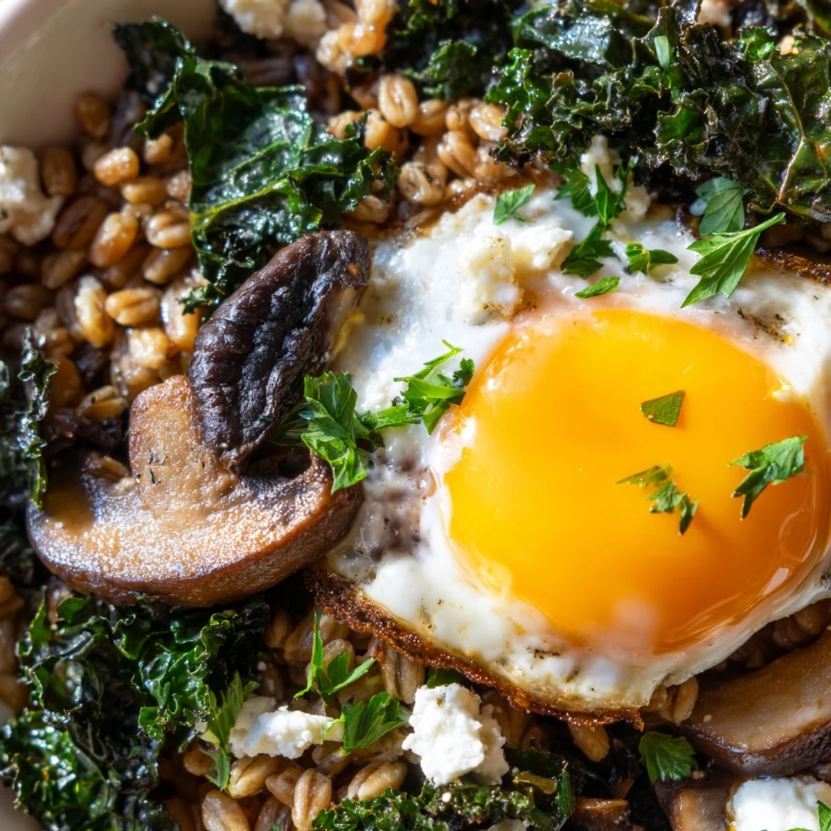 Warm kale and mushroom farro breakfast bowl with melted feta and fresh parsley
