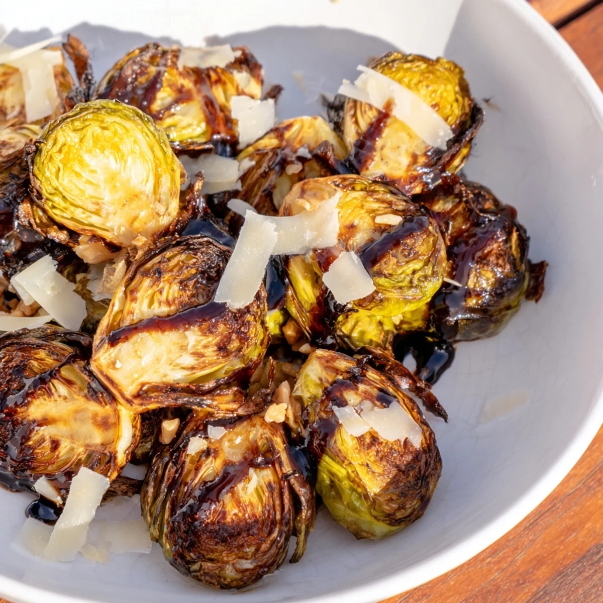 Crispy roasted Brussels sprouts with balsamic glaze drizzled over golden caramelized edges on a white serving plate