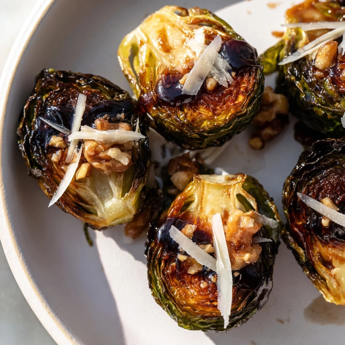 Golden brown roasted Brussels sprouts with balsamic glaze garnished with shaved Parmesan and toasted walnuts