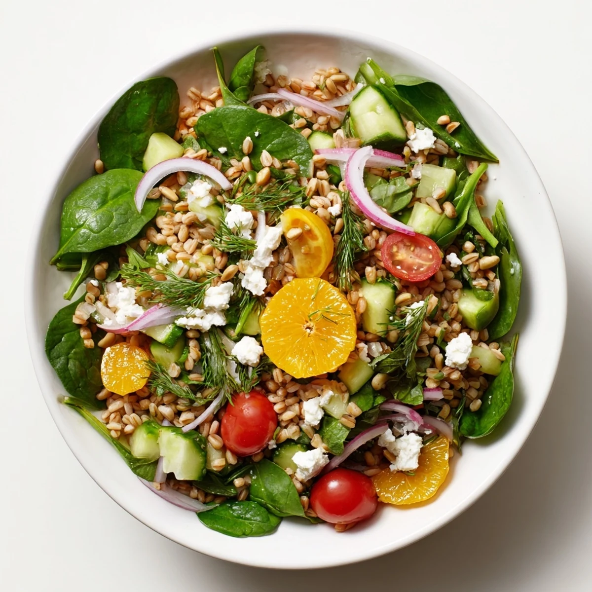 Citrus Herb Barley and Spinach Bowl topped with toasted sunflower seeds and creamy feta crumbles