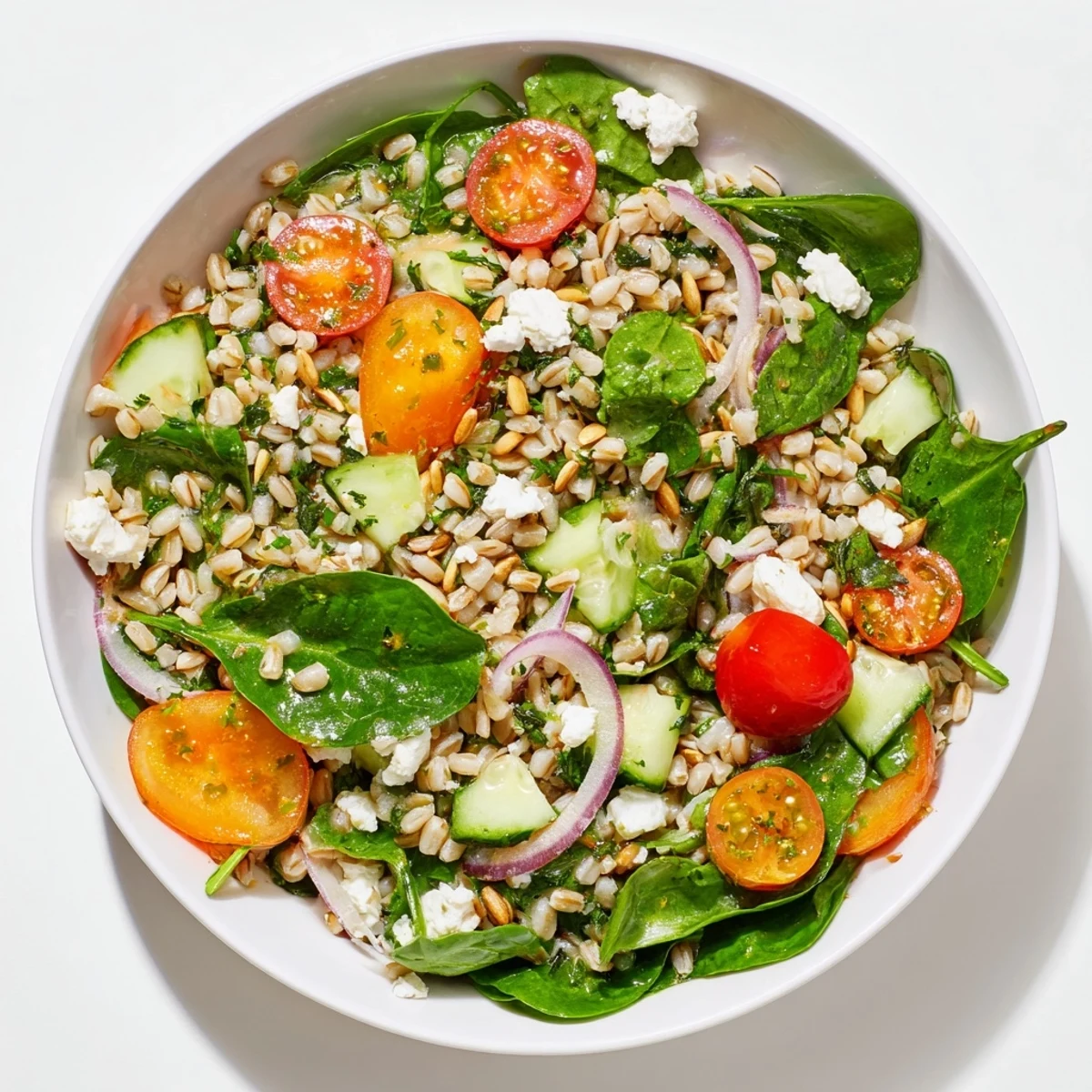 Vibrant Citrus Herb Barley and Spinach Bowl glistening with zesty orange lemon dressing and fresh herbs