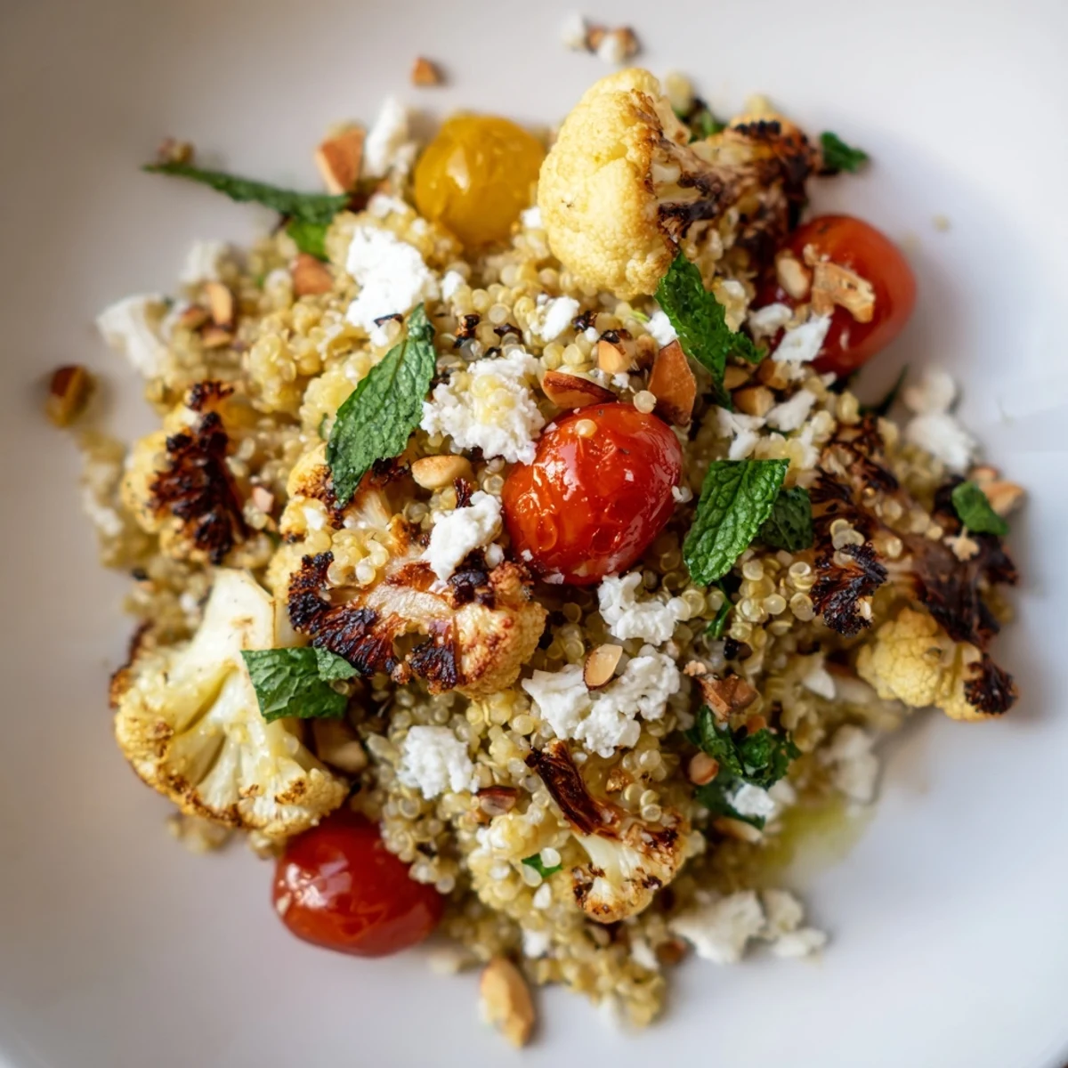 Golden roasted cauliflower and fluffy quinoa salad topped with fresh herbs and tangy feta cheese