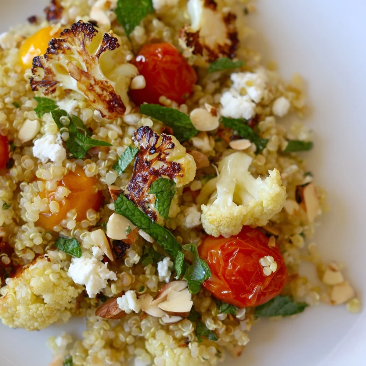 Warm quinoa and roasted cauliflower salad in a rustic bowl with bright lemon herb dressing