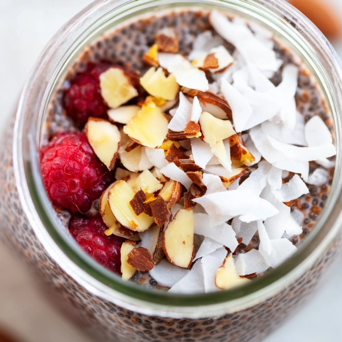 Creamy cocoa almond coconut chia parfait in a glass jar with fresh berries on top