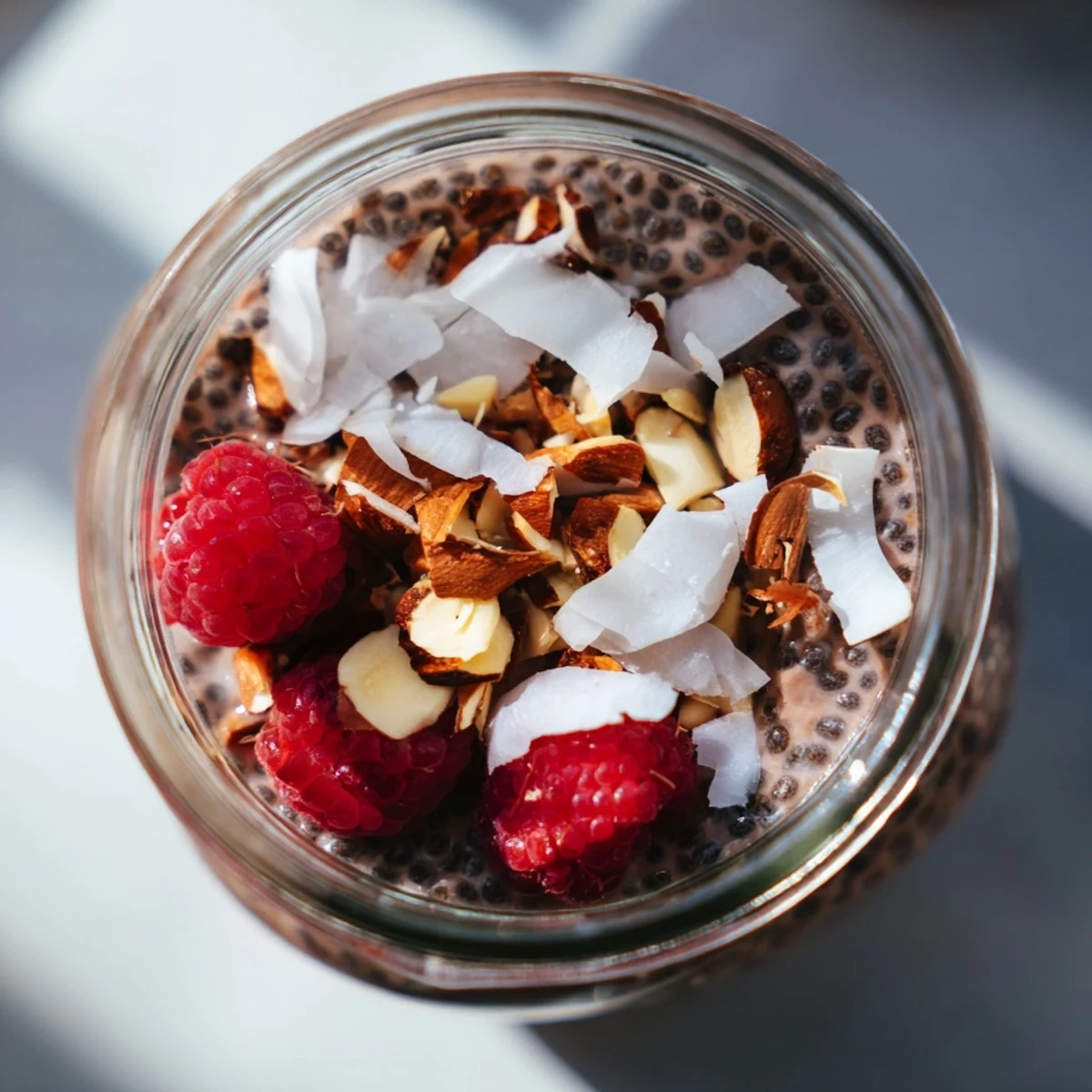 Rich chocolate chia pudding layered with crunchy almonds and coconut in clear glasses