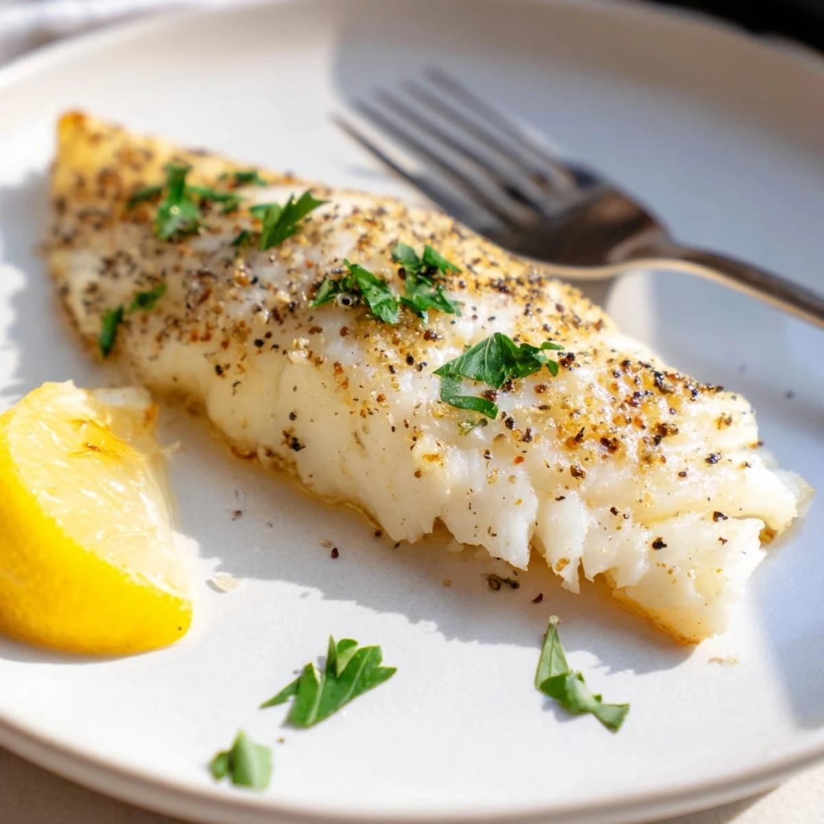 Golden lemon pepper baked cod fillet garnished with fresh parsley and bright lemon wedges on a white plate