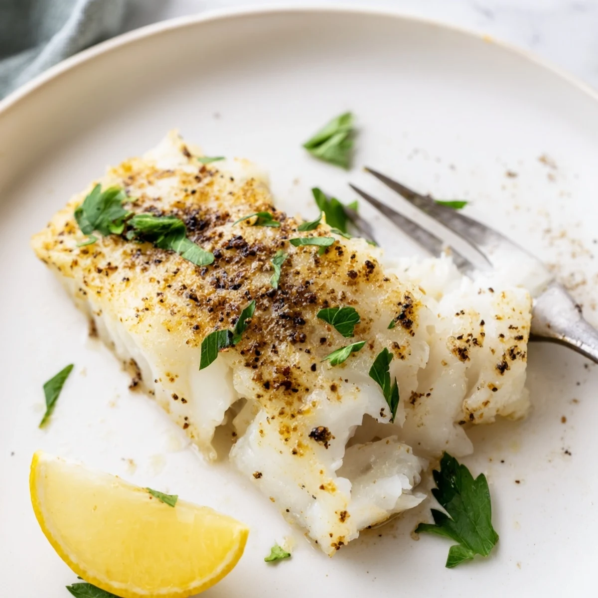 Flaky baked cod fillet topped with cracked black pepper and citrus glaze, ready to serve