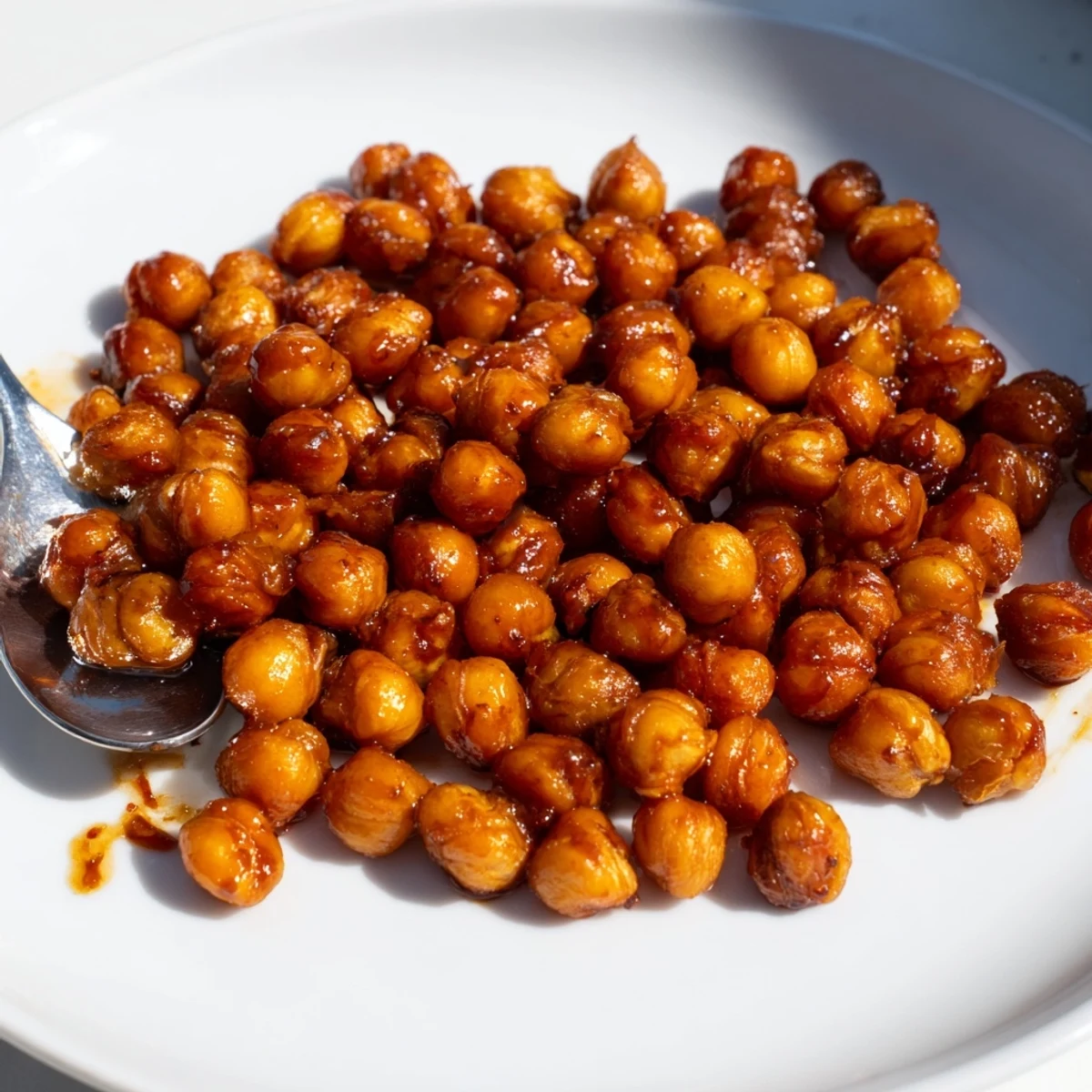 Crispy sweet chili chickpeas glistening with sticky glaze in a golden snack bowl