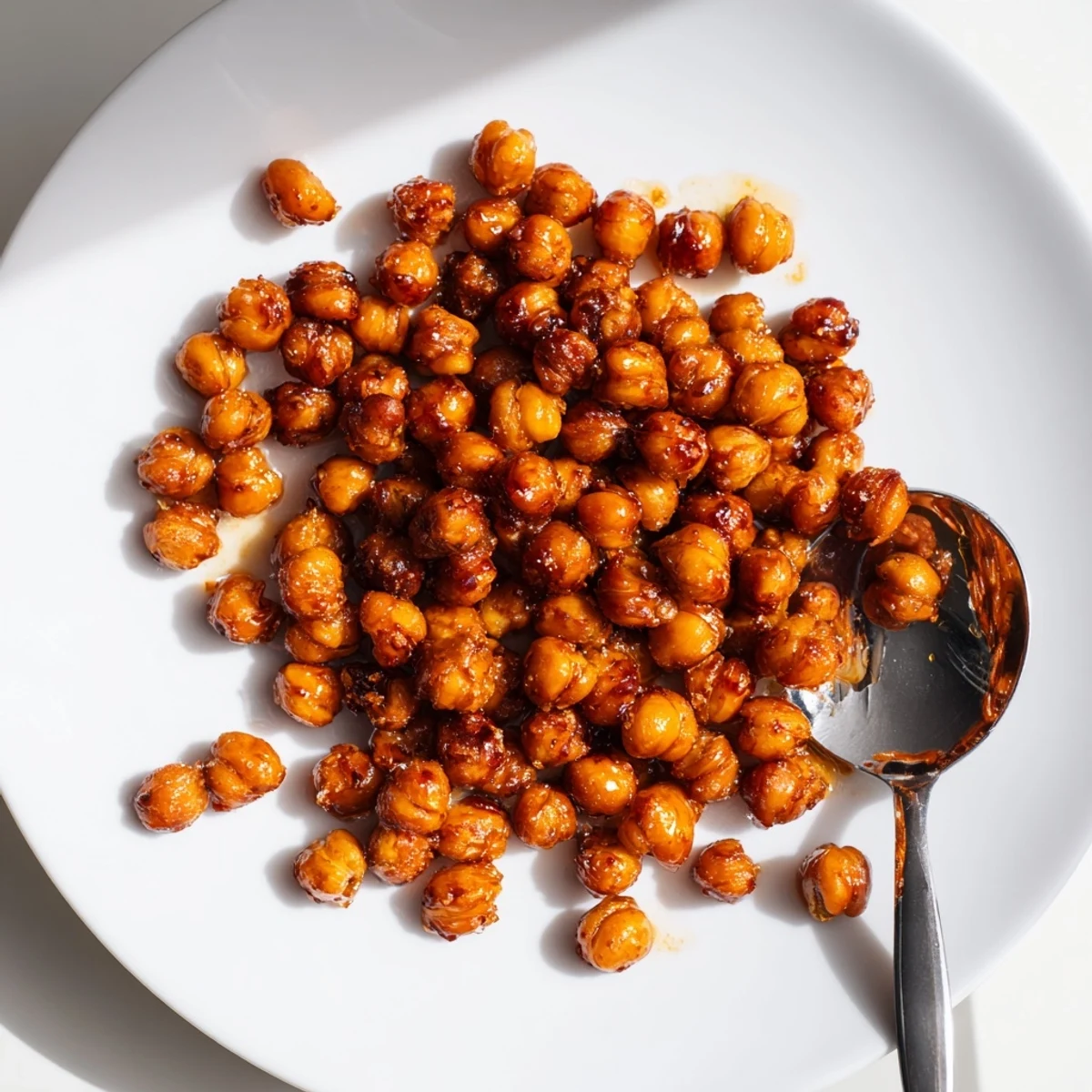 Roasted crispy sweet chili chickpeas sprinkled over fresh green salad greens