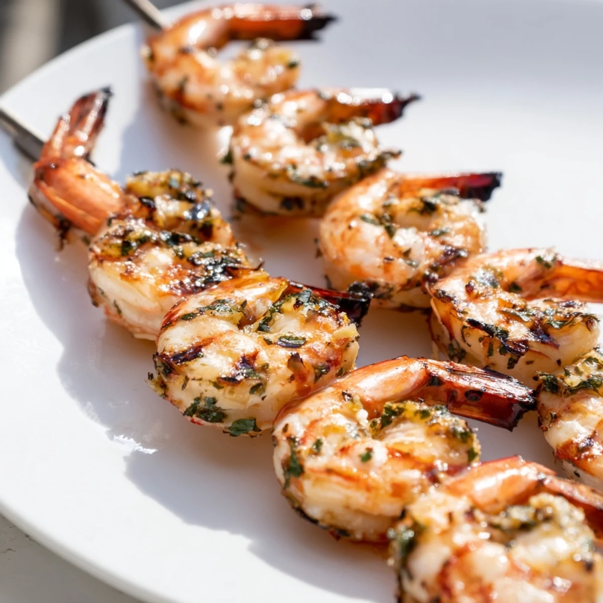 Sizzling Garlic Herb Grilled Shrimp Skewers with charred edges and bright lemon garnish