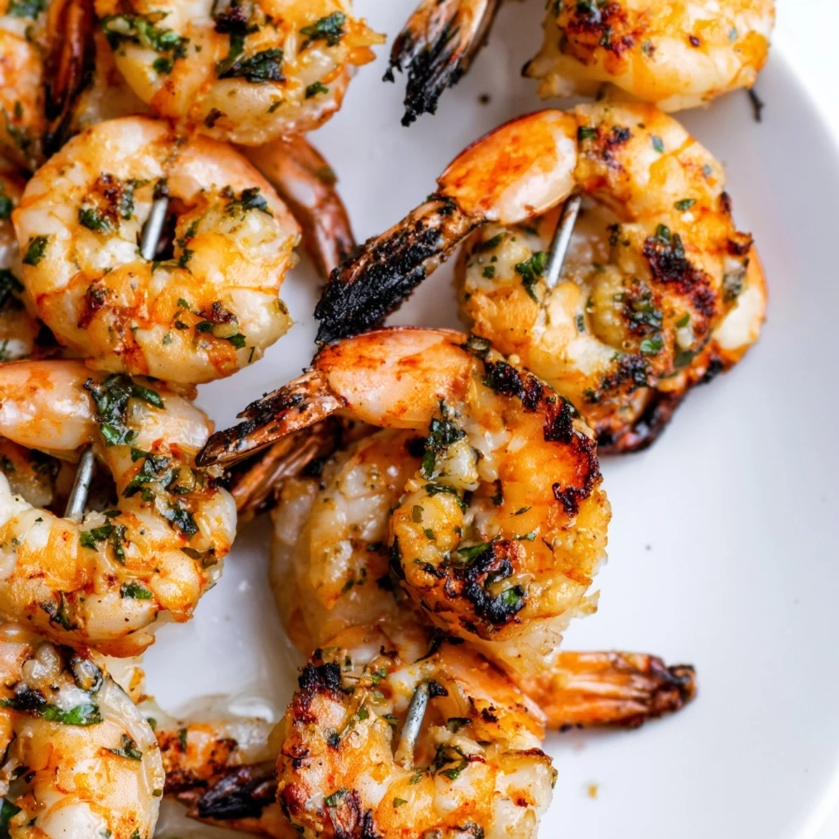 Golden grilled Garlic Herb Grilled Shrimp Skewers on wooden sticks with fresh parsley sprinkled