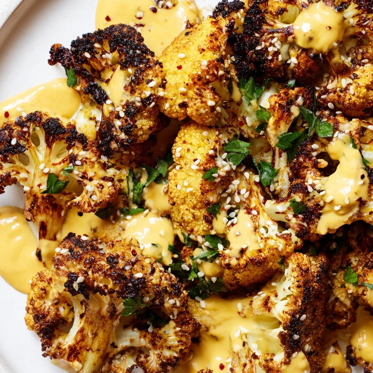 Crispy spiced roasted cauliflower with turmeric tahini sauce topped with sesame seeds and bright green parsley