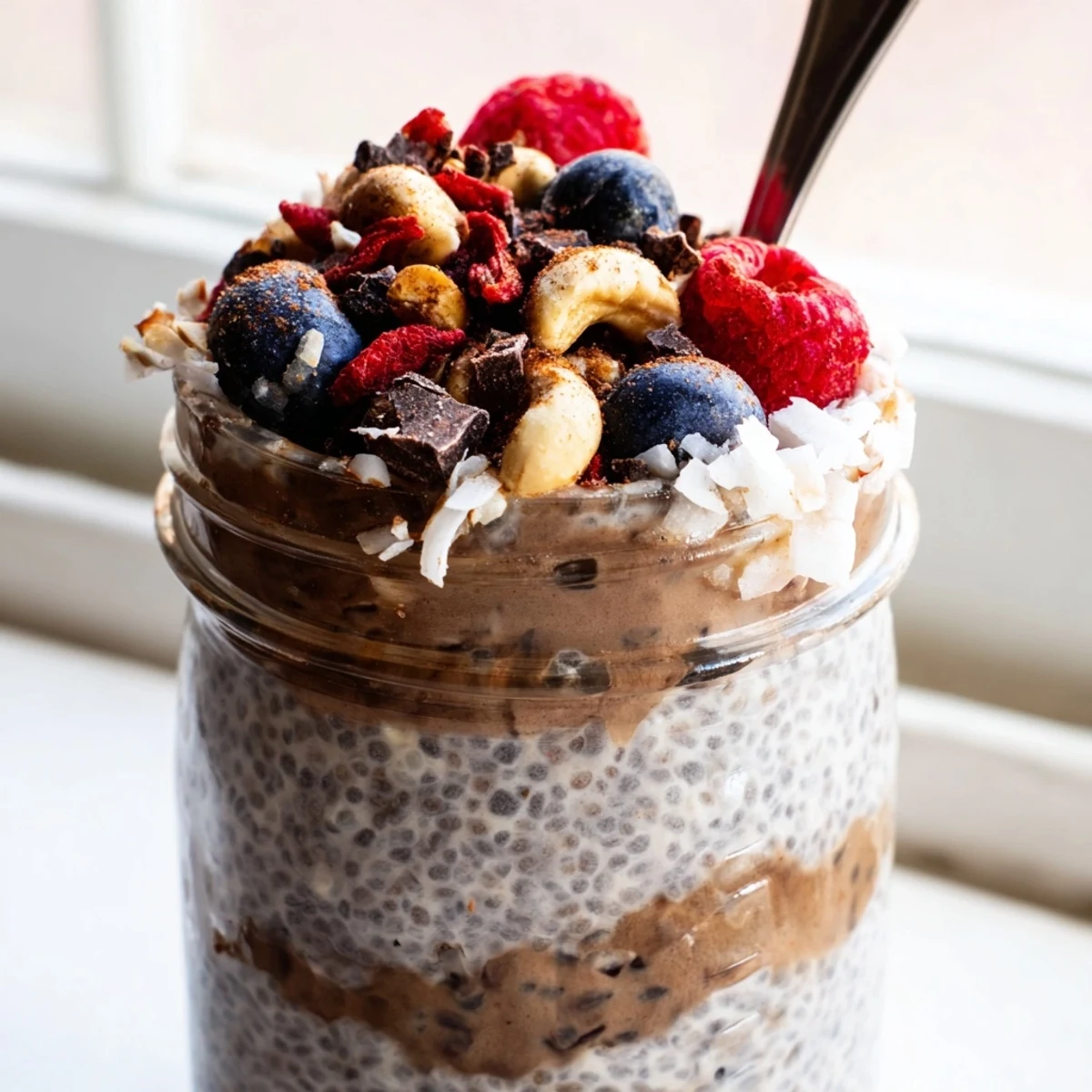 Creamy cocoa cashew coconut chia parfait topped with fresh berries in a glass jar
