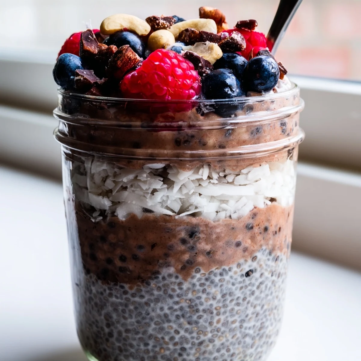 Velvety cocoa cashew coconut chia parfait served with dark chocolate and juicy raspberries