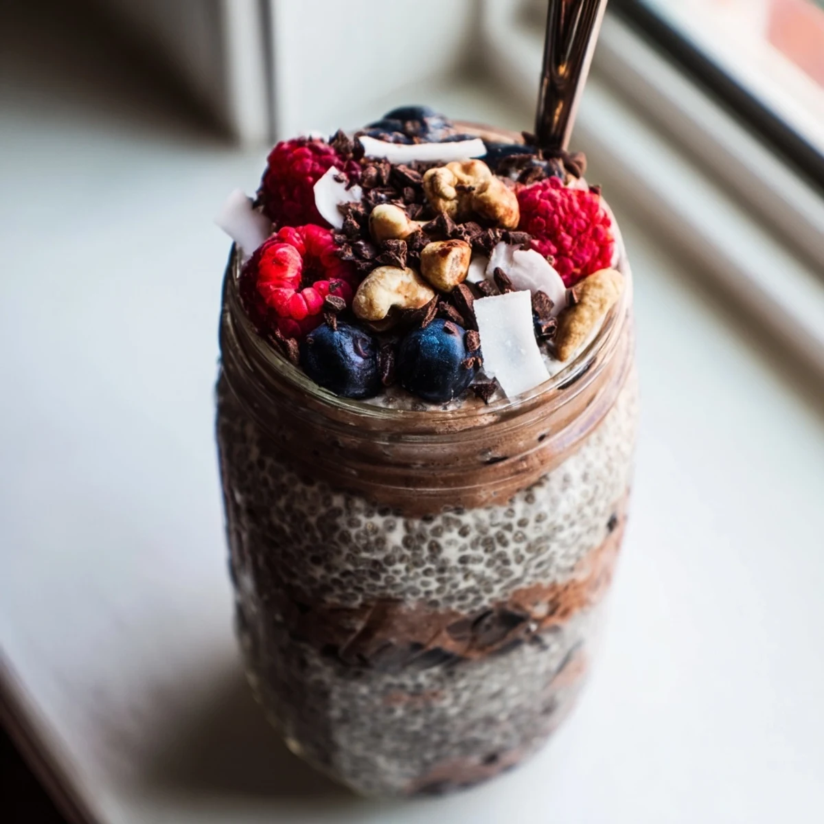 Rich chocolate layers of cocoa cashew coconut chia parfait sprinkled with crunchy toppings