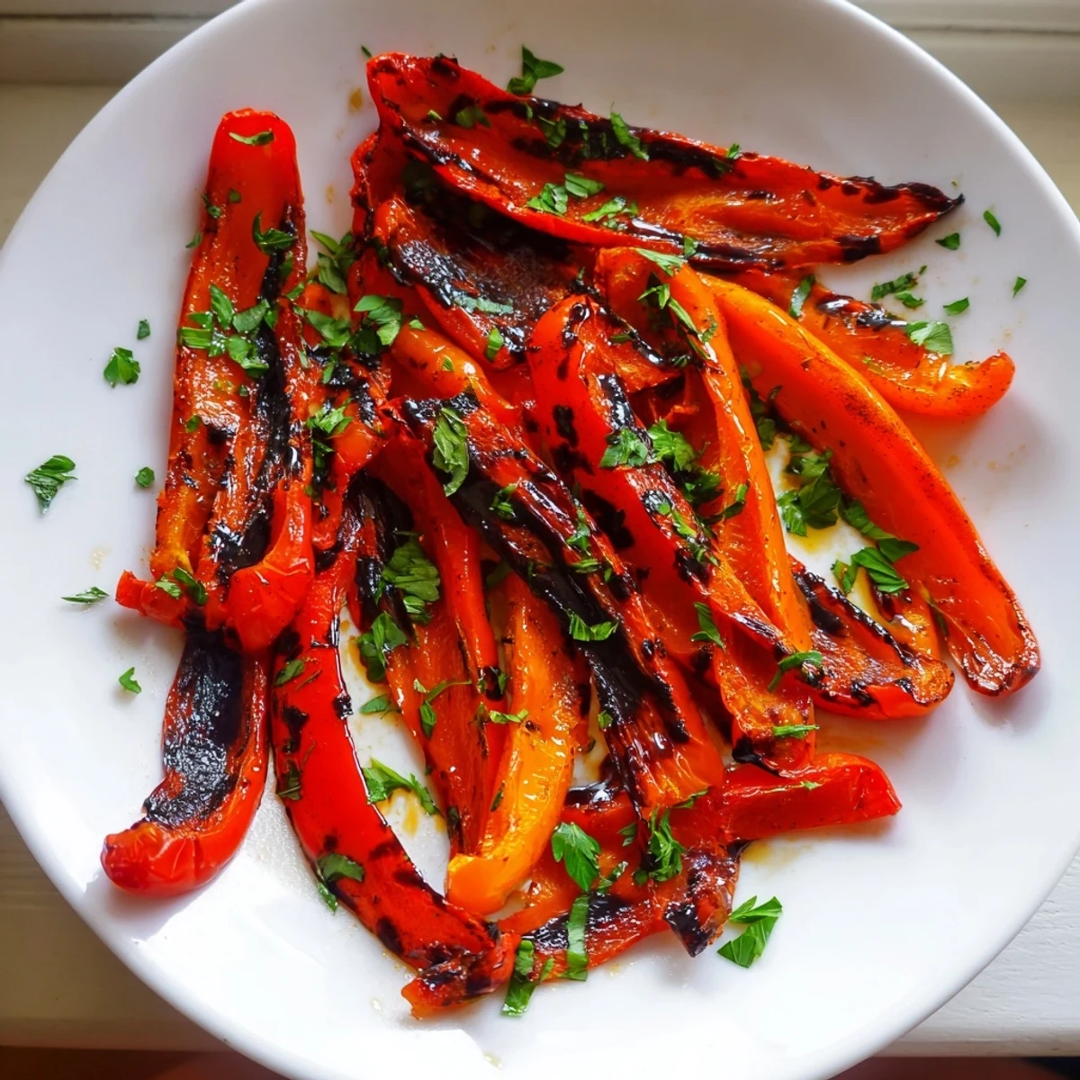 Smoky roasted bell pepper strips with charred edges on a parchment-lined baking sheet