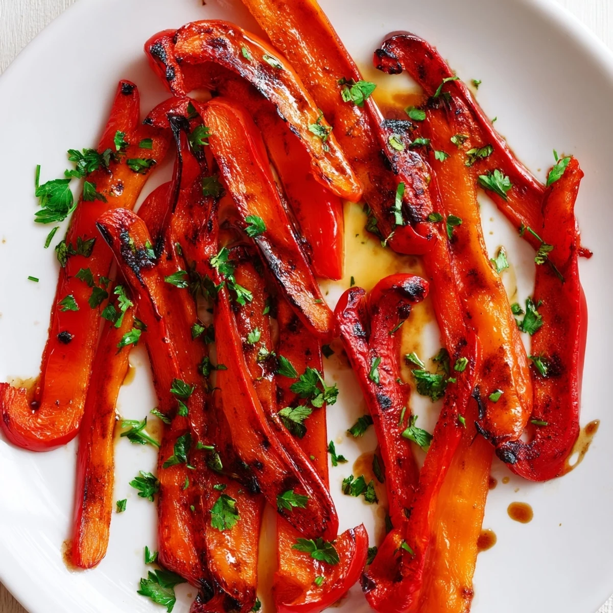 Tender smoky roasted bell pepper strips glistening with olive oil and paprika seasoning