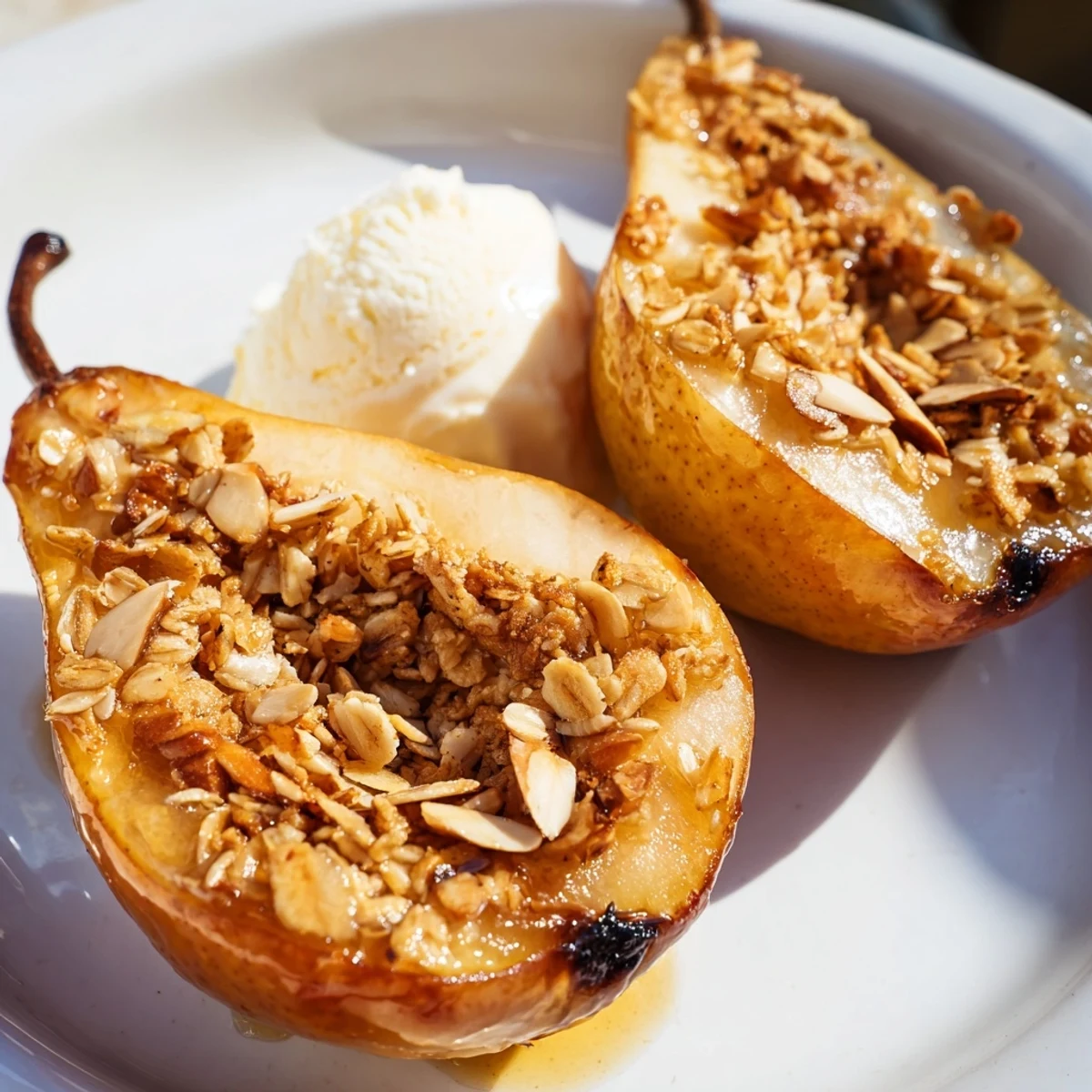 Golden Vanilla Almond Baked Pears topped with crunchy oats and warm cinnamon honey drizzle