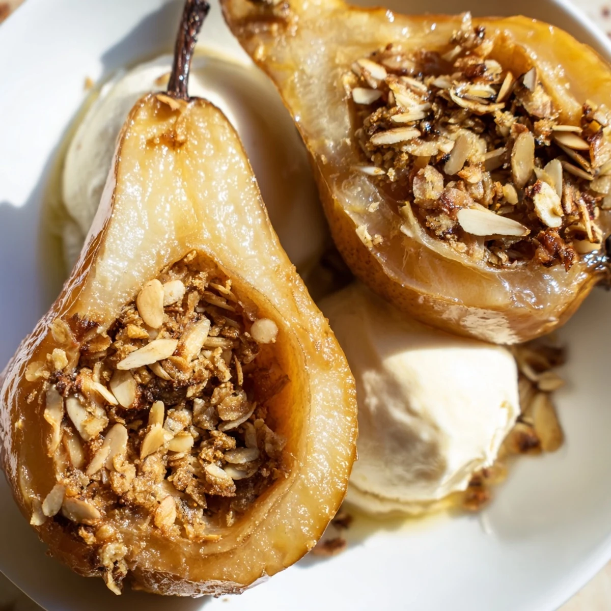 Tender baked pears with vanilla almond filling served warm in a white dish