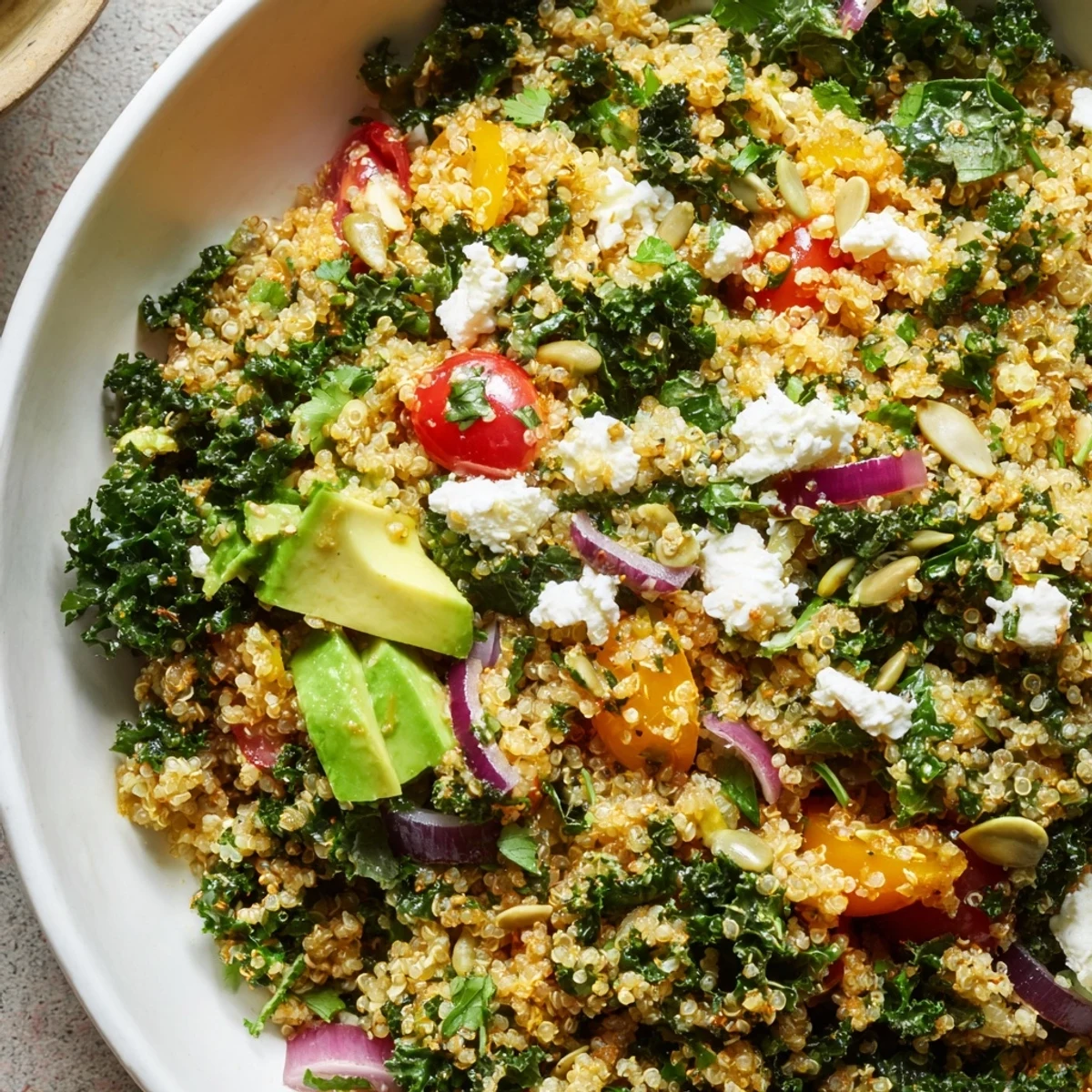 Colorful citrus herb quinoa and kale bowl topped with creamy avocado slices and toasted pumpkin seeds.