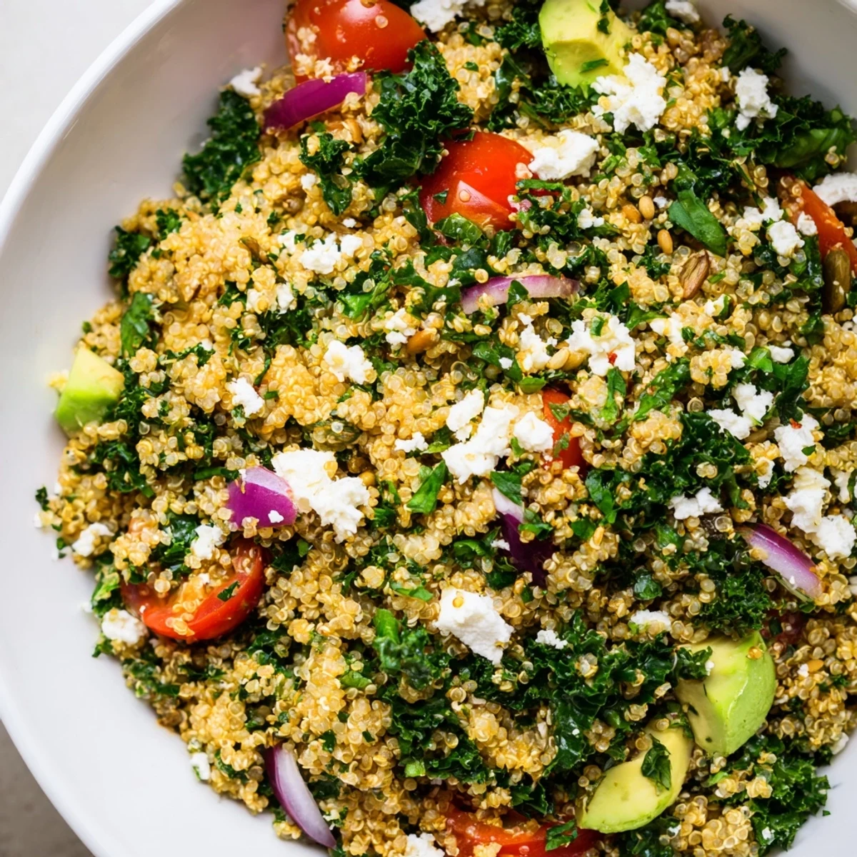 Fluffy citrus herb quinoa and kale bowl tossed with fresh herbs, tomatoes, and zesty dressing.