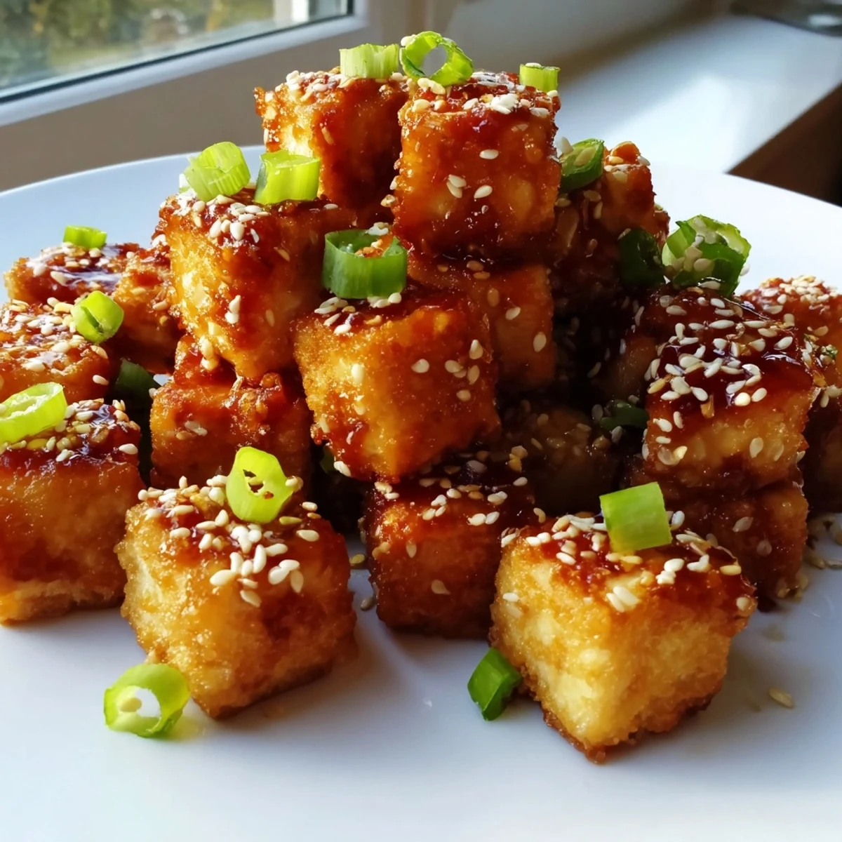 Crispy Chili Sesame Tofu Cubes glistening with spicy glaze and sprinkled with sesame seeds on a white plate