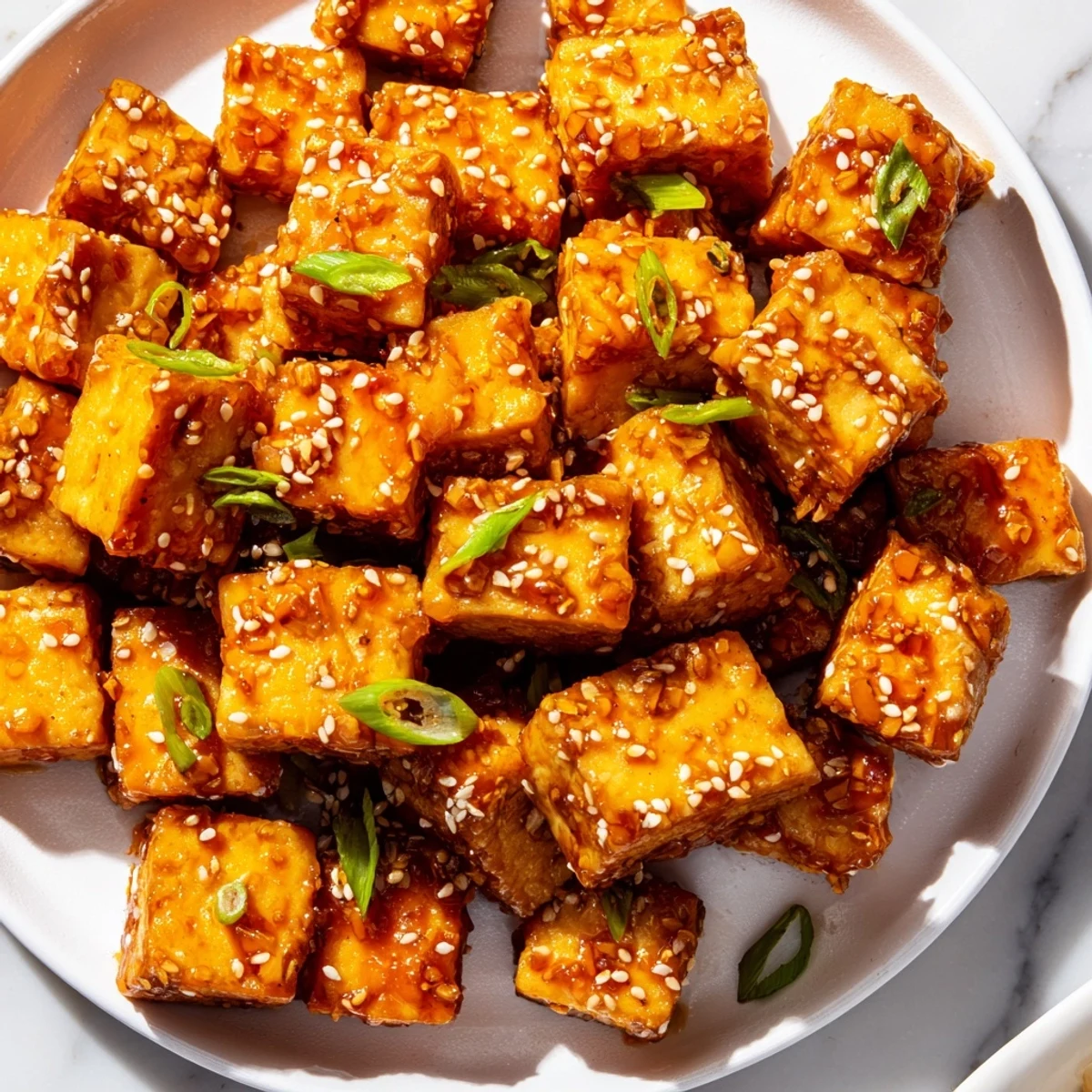 Golden Crispy Chili Sesame Tofu Cubes piled over steamed rice with sliced green onion garnish