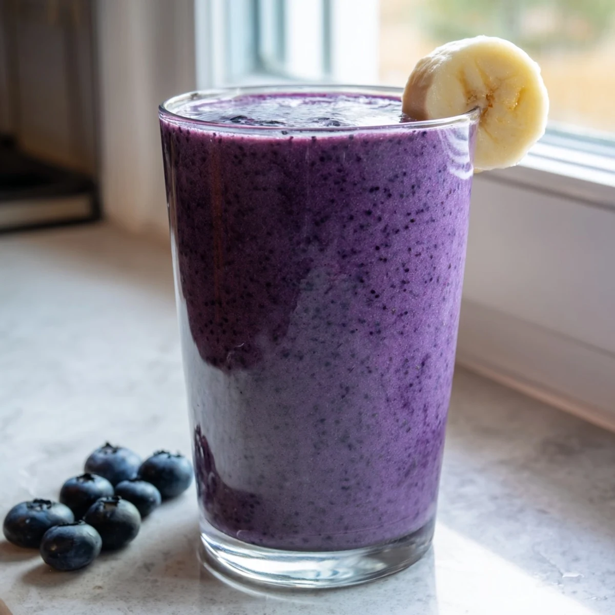 Creamy blueberry spinach almond smoothie poured into a glass with fresh berries on top