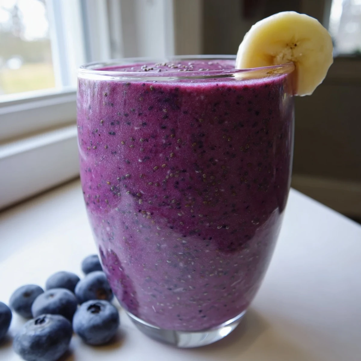 Vibrant purple blueberry spinach almond smoothie topped with chia seeds and fruit garnish
