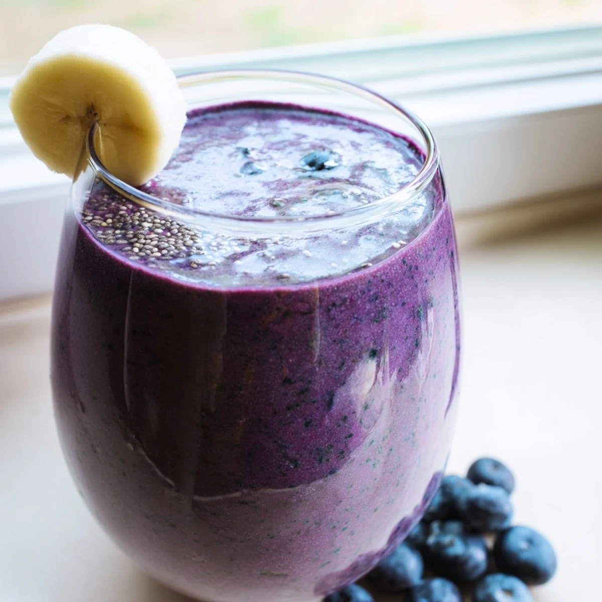 Thick blueberry spinach almond smoothie in a mason jar beside scattered blueberries and spinach