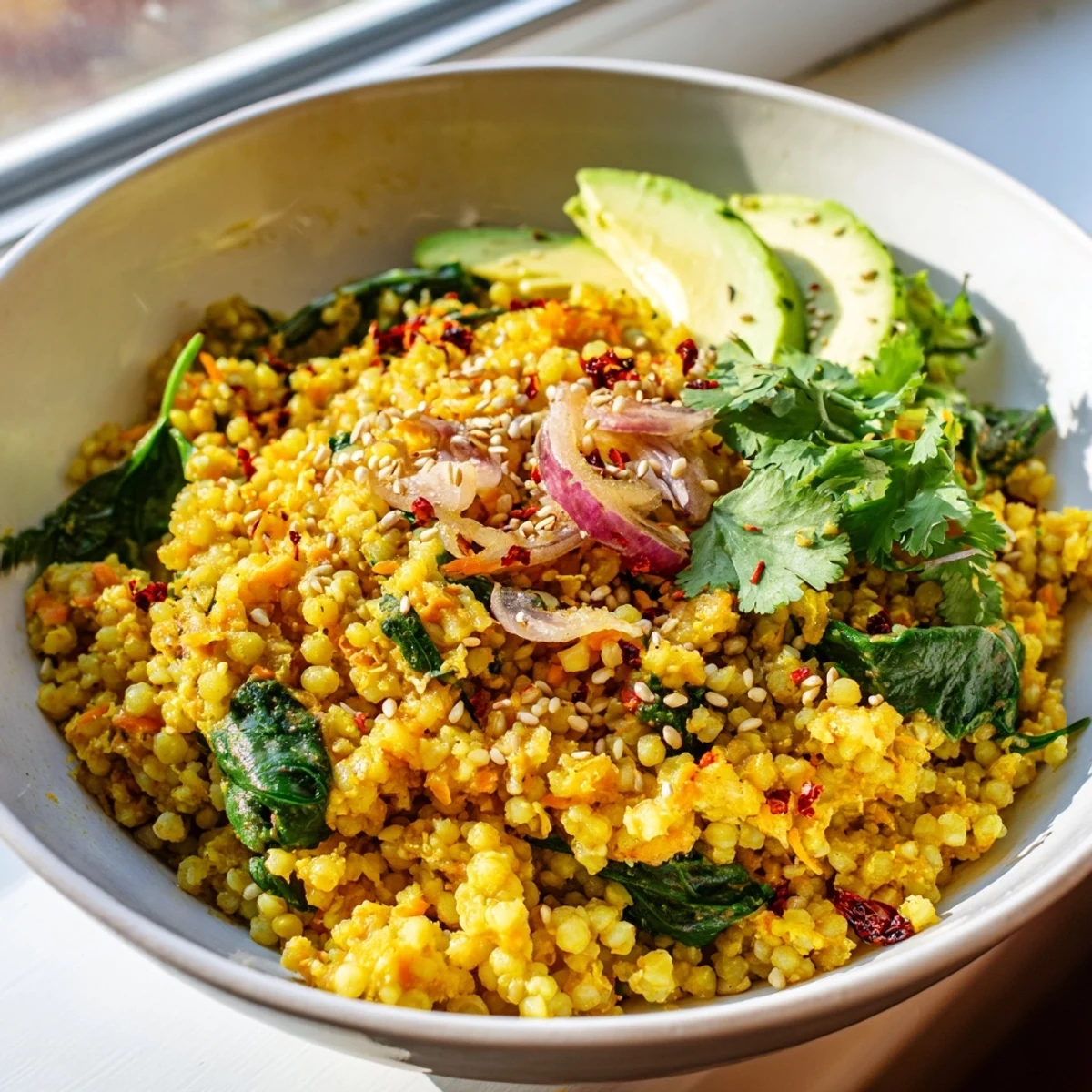 Golden carrot and ginger millet breakfast bowl topped with creamy avocado slices and sesame seeds