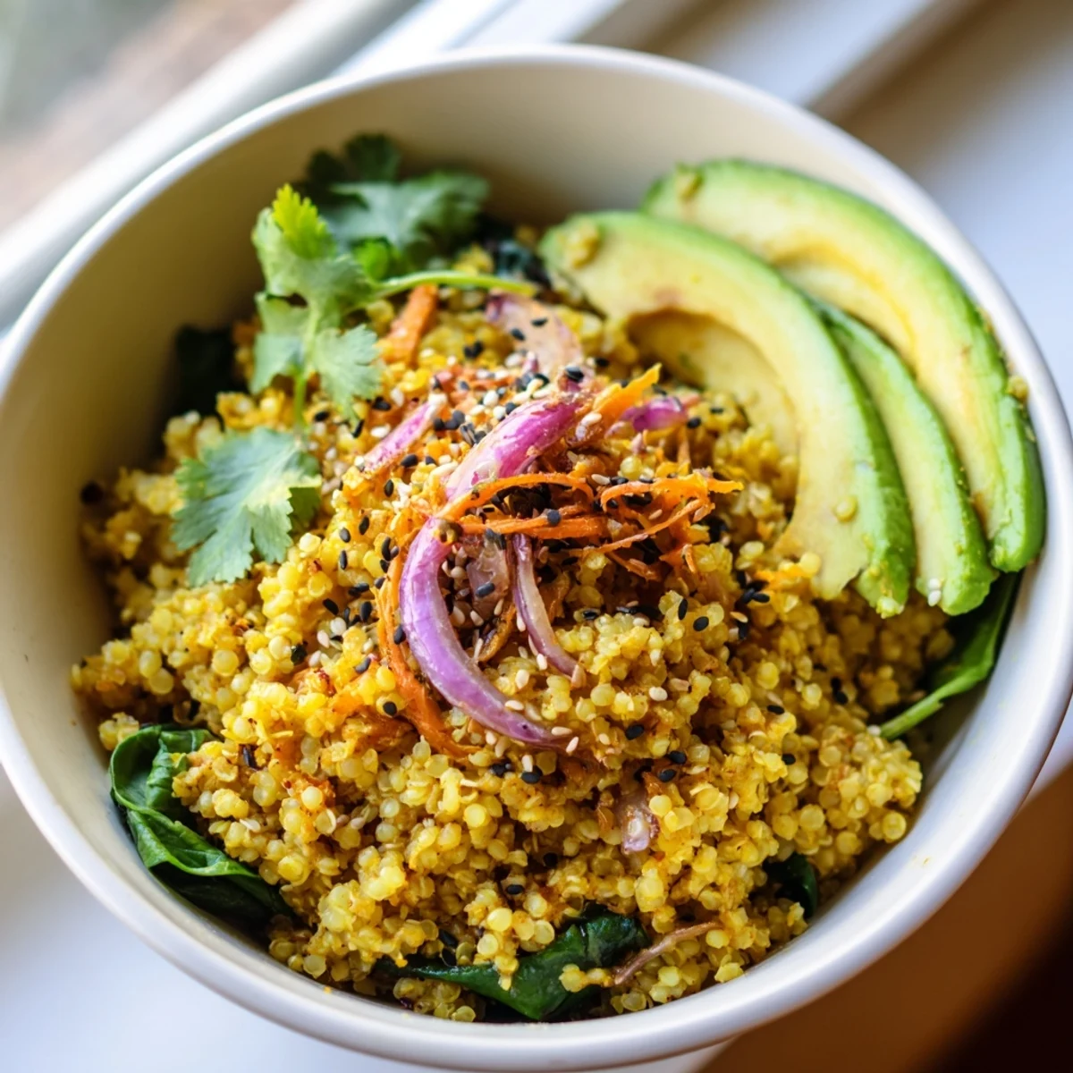 Warm carrot and ginger millet breakfast bowl served in a white ceramic dish