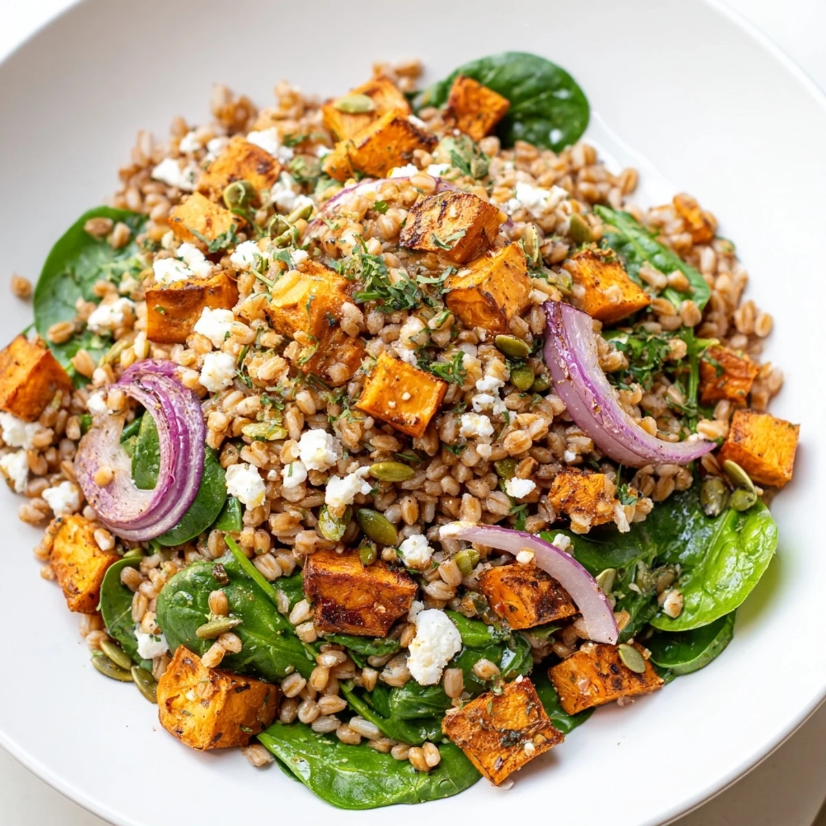 Warm farro and roasted sweet potato salad topped with crumbled feta and fresh parsley