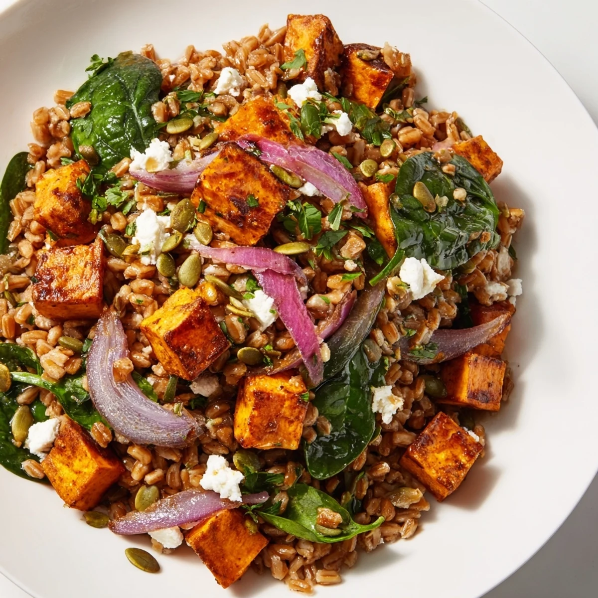 Hearty warm farro and roasted sweet potato salad garnished with toasted pumpkin seeds and feta