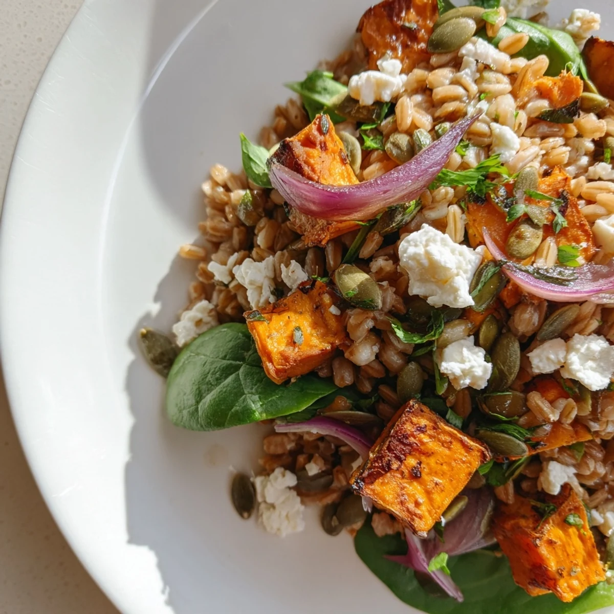 Golden roasted sweet potato chunks nestled with nutty farro spinach and zesty lemon dressing