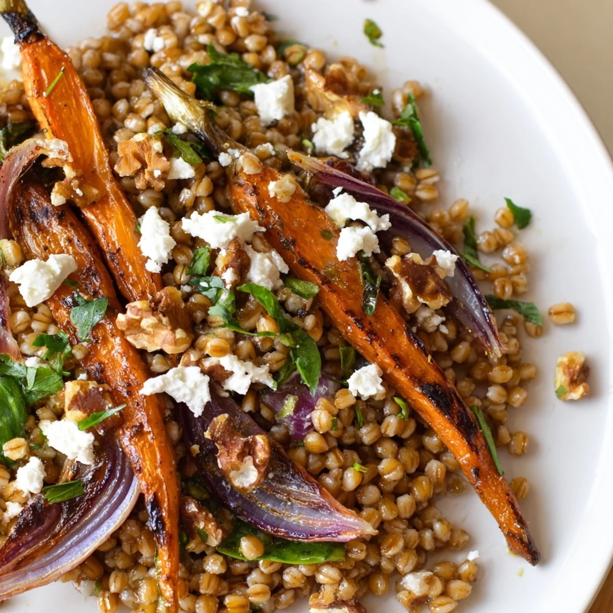 Warm barley and roasted carrot salad topped with crumbled feta and toasted walnuts
