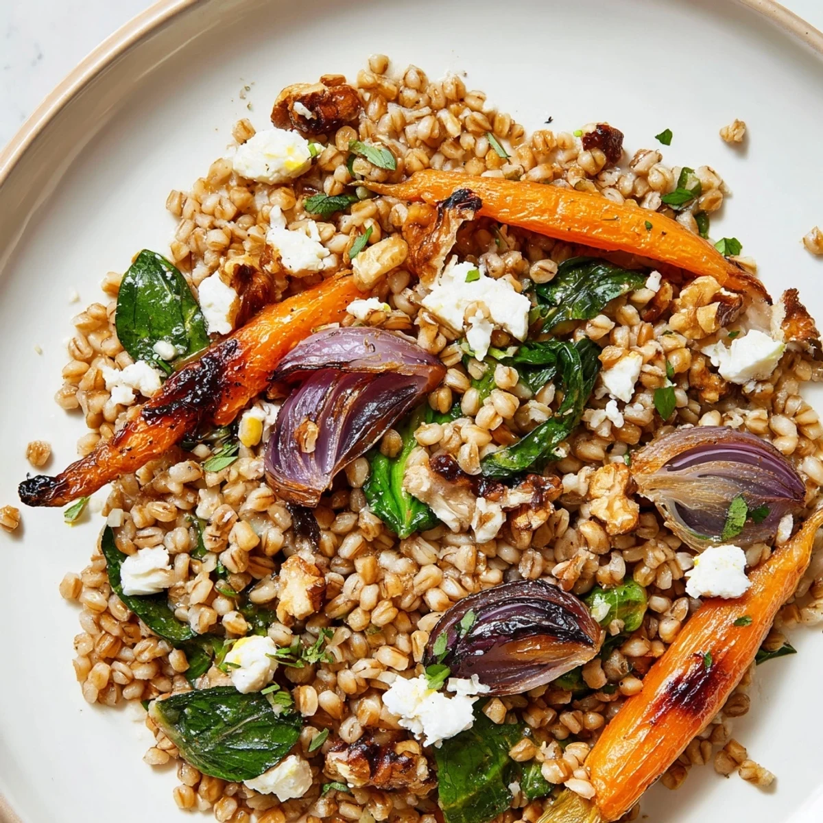 Golden roasted carrots nestled in a warm barley salad with bright citrus dressing