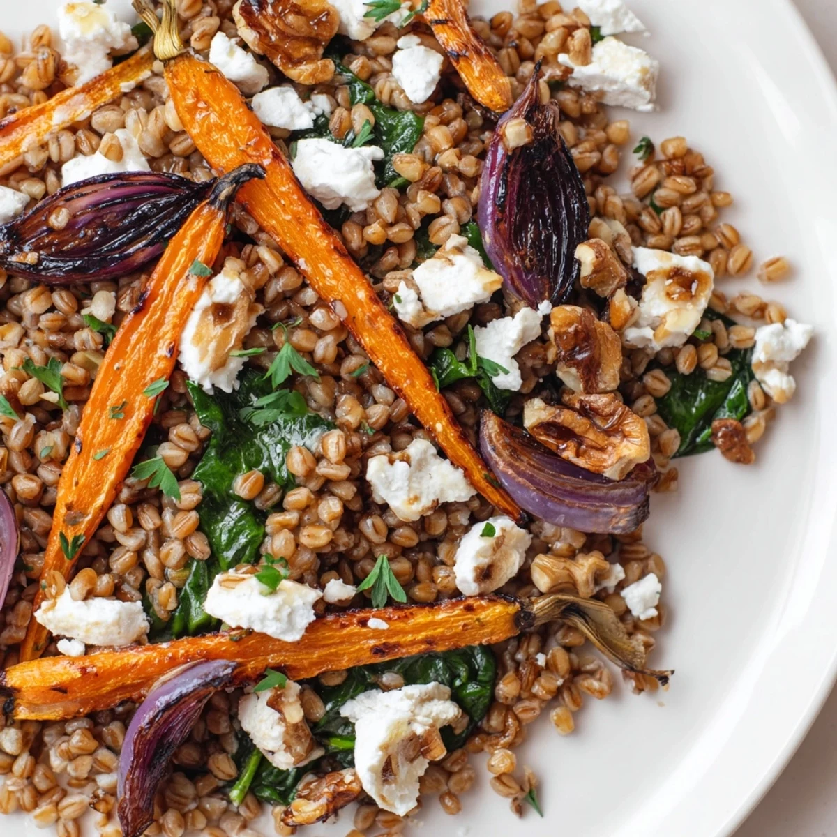 Hearty warm barley and roasted carrot salad served on a platter with baby spinach