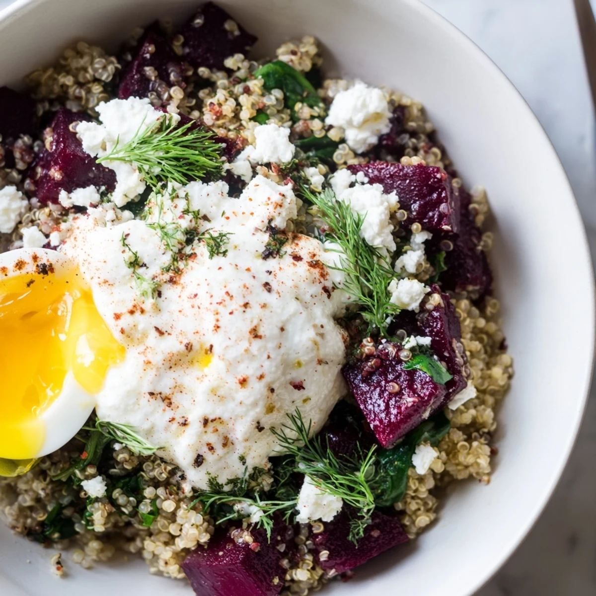 Colorful beet and dill quinoa breakfast bowl topped with creamy Greek yogurt and feta