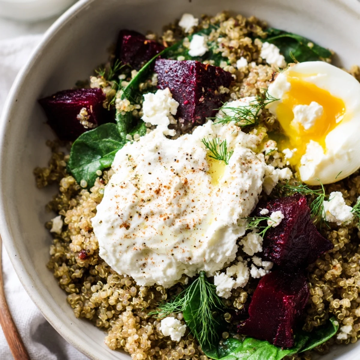 Roasted beets and fresh dill adorn this nourishing beet and dill quinoa breakfast bowl