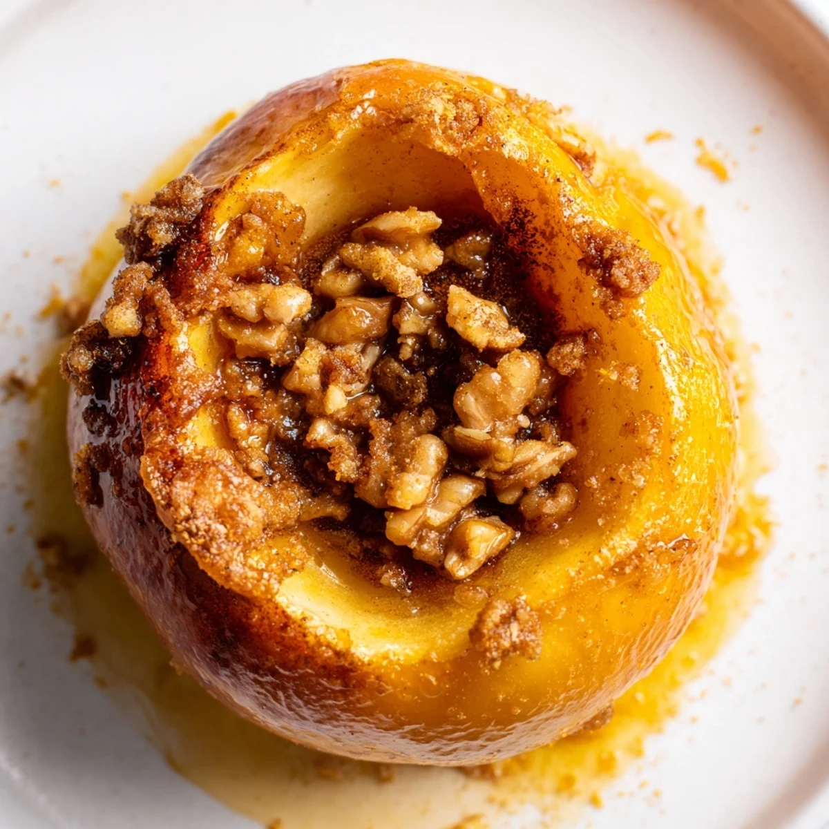 Golden baked apples filled with spiced vanilla orange stuffing and glistening caramelized tops