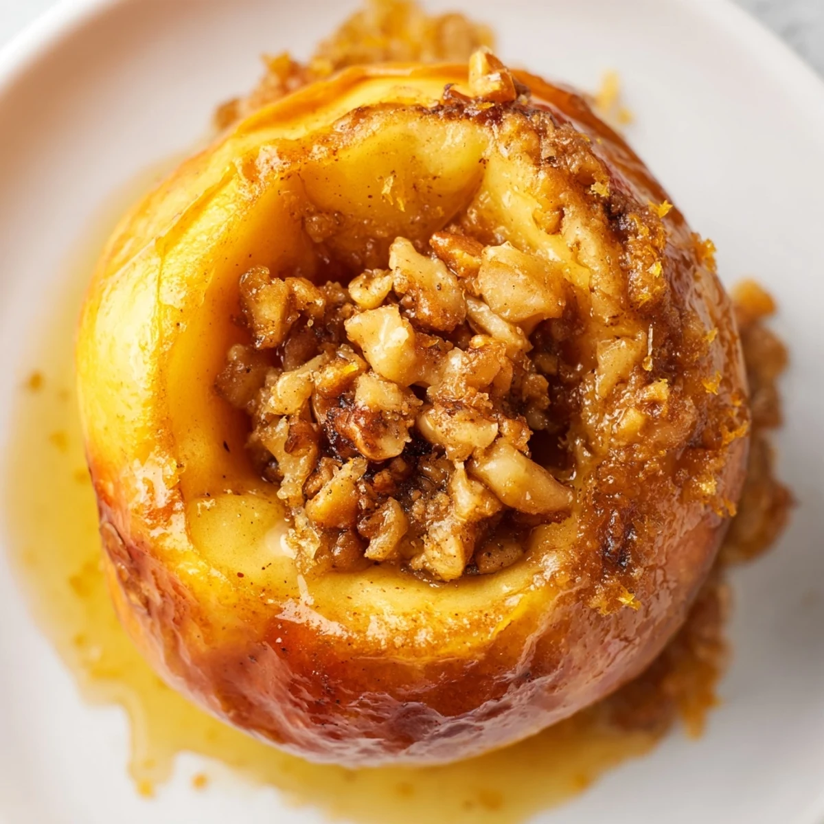 Tender Vanilla Orange Baked Apples served warm in a rustic white baking dish