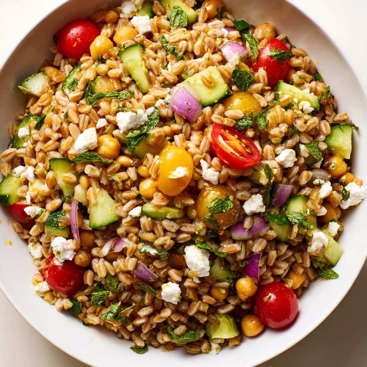 Golden farro grain bowl with ripe tomatoes, fresh herbs, and tangy vinaigrette drizzled on top