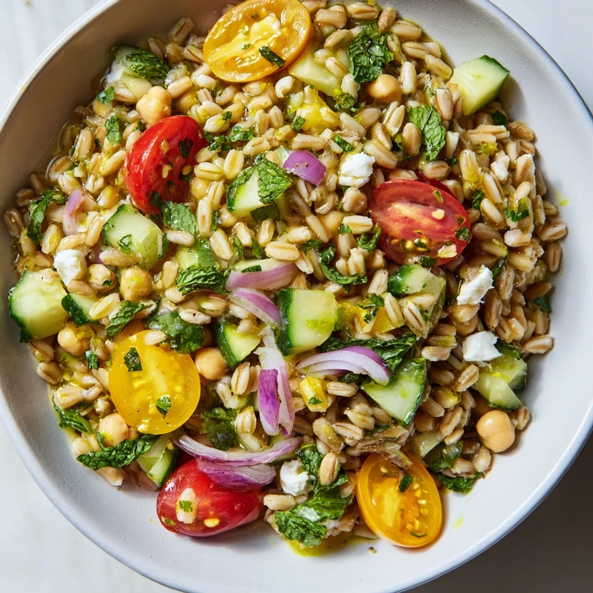 Nutty farro tossed with juicy cherry tomatoes and zesty citrus dressing in a rustic ceramic bowl