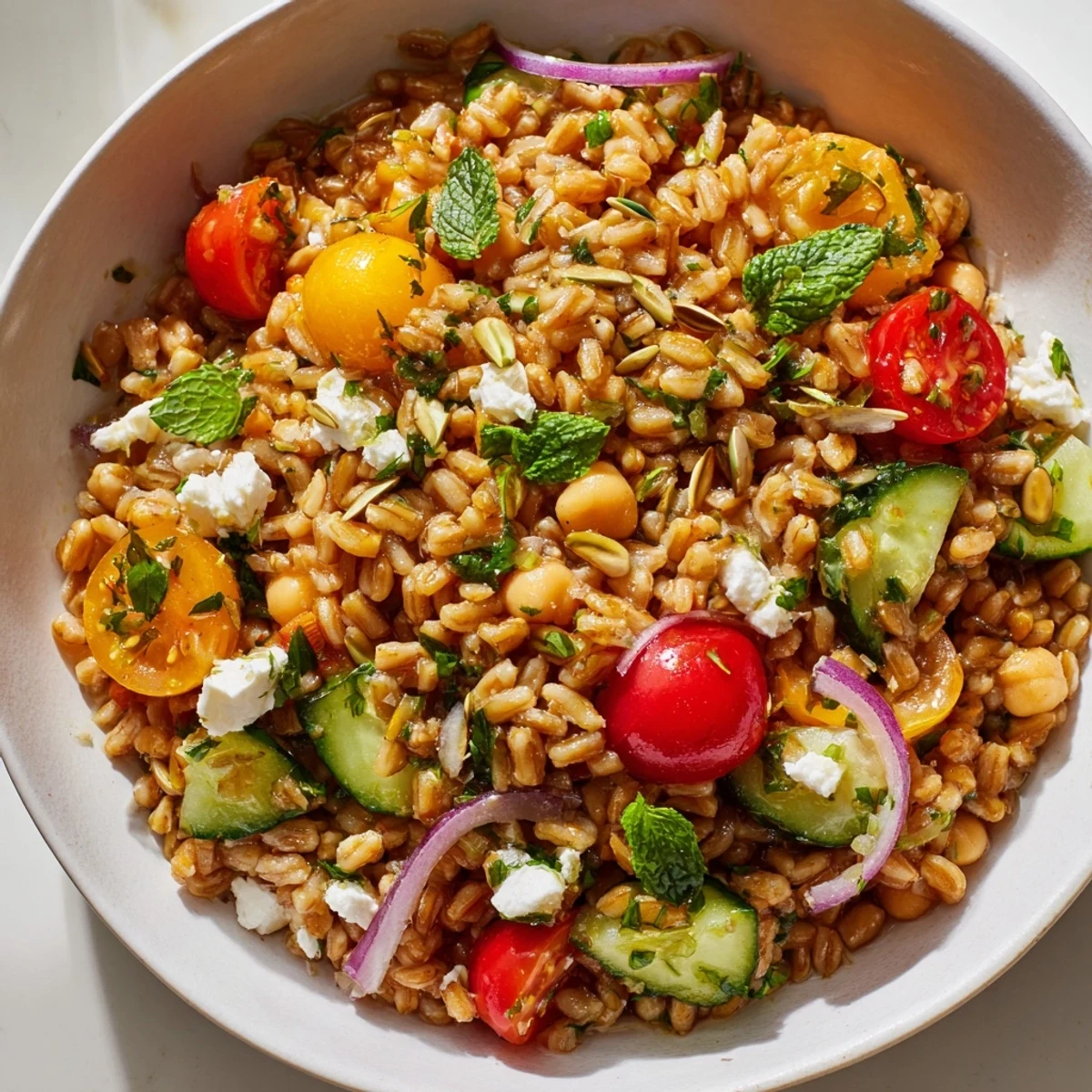 Vibrant citrus herb farro and tomato bowl studded with chickpeas, cucumber, and fragrant fresh herbs