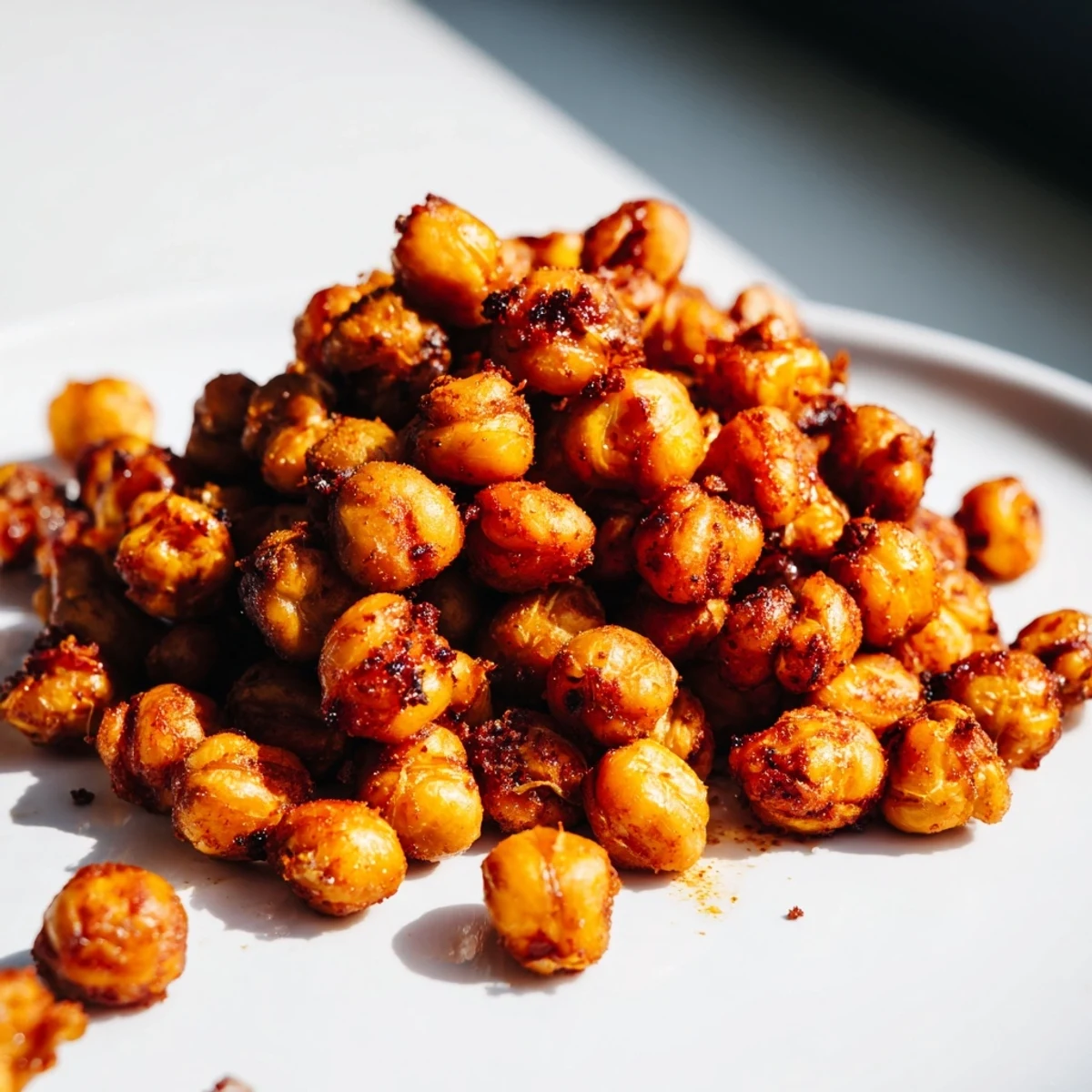 Crispy maple chili chickpeas glistening with sweet and smoky spiced coating